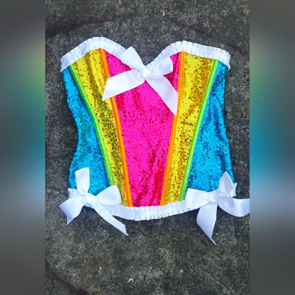 BS Lingerie Pride / Fairy / Rainbow boned corset waist cincher with white bows - Picture 1 of 7